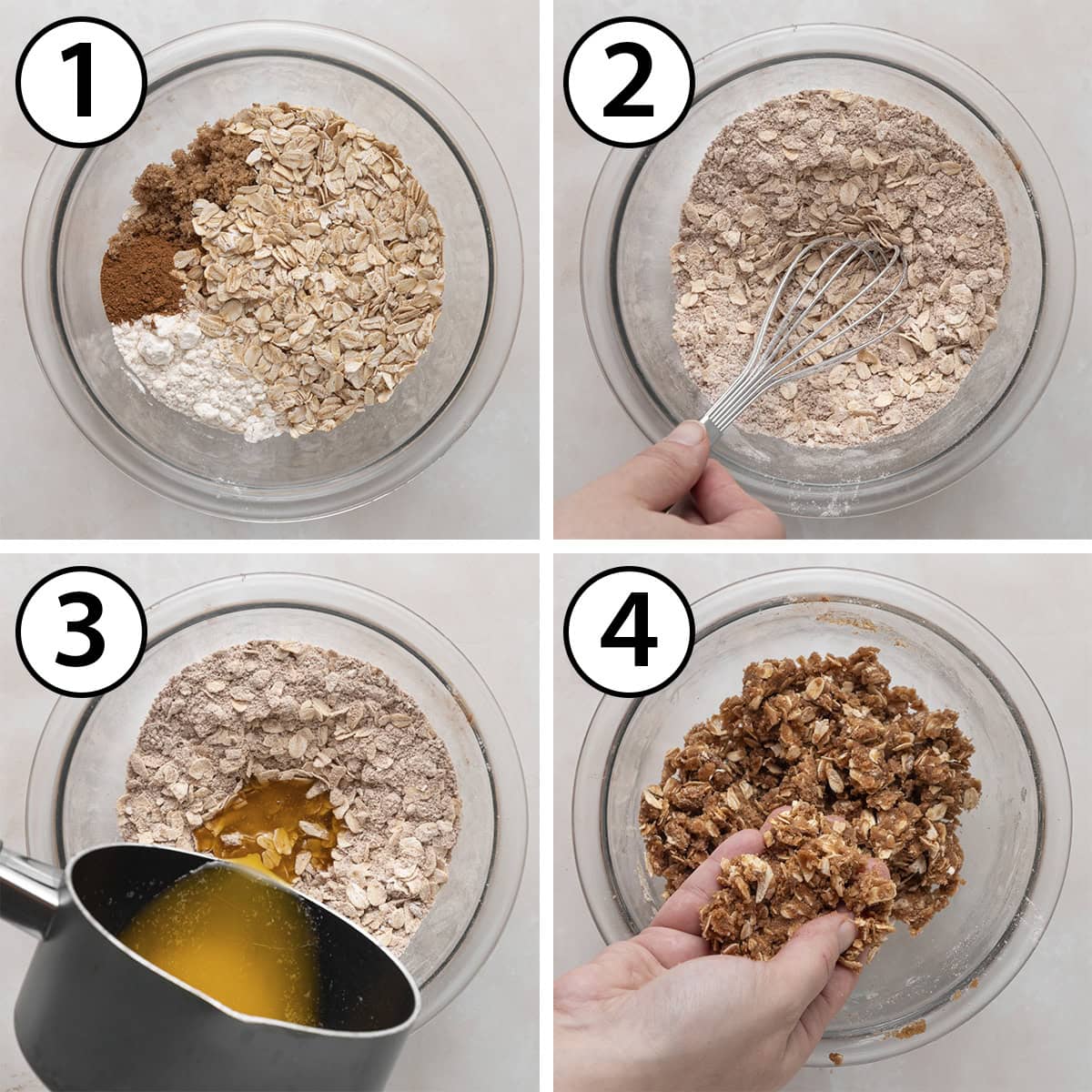 Process shot collage: making the streusel by mixing dry ingredients with melted butter.