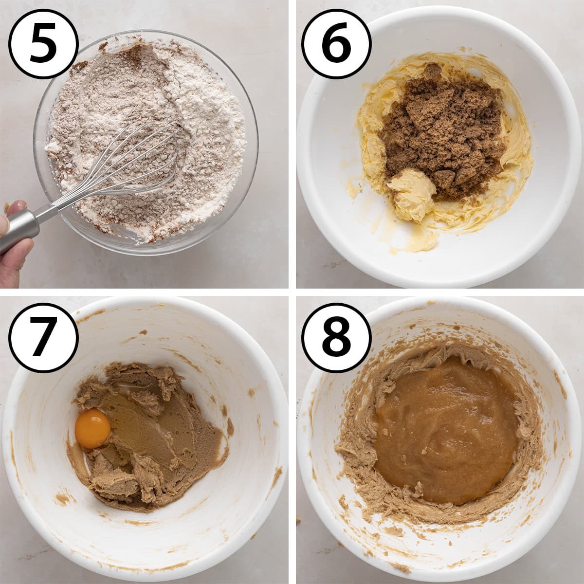 Process shot collage: mixing dry ingredients for cake, creaming butter and sugar, adding eggs and remaining wet ingredients.