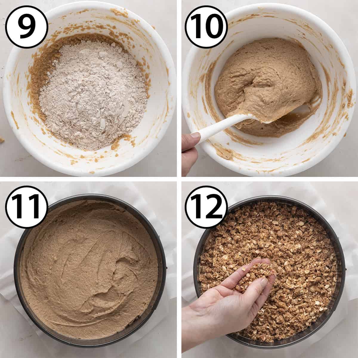 Process shot collage: mixing in dry ingredients and assembling cake in a springform pan.