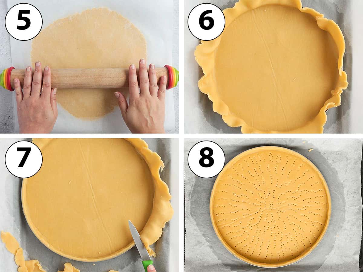 Process Shot Collage: rolling the dough between two sheets of baking paper then lining the tartlet rings and cutting off the excess dough.